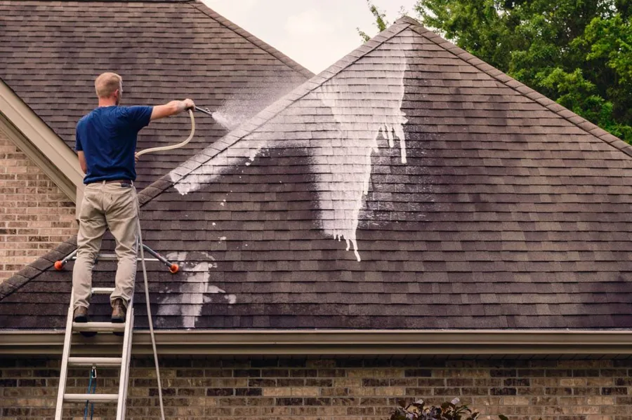Soft wash solution being applied to a shingle roof, the cleaned band showing pale against the algae-streaked shingles